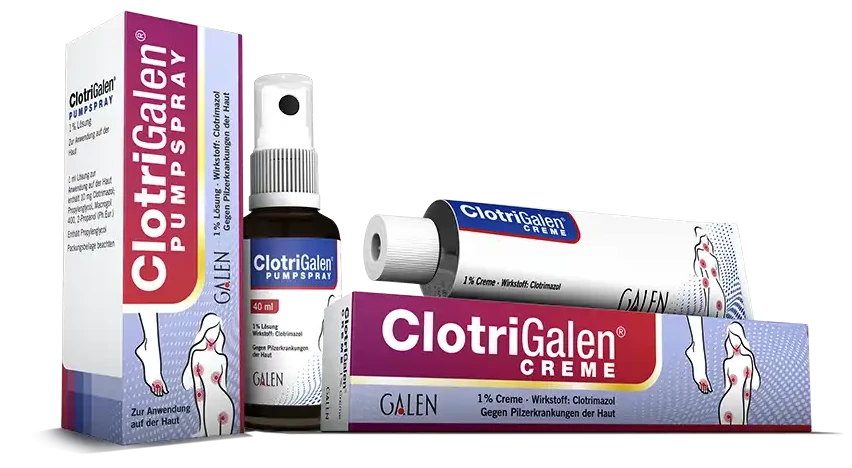 ClotriGalen Creme Pumpspray Packshot Packshot Komposition ClotriGALEN Creme und Pumpspray